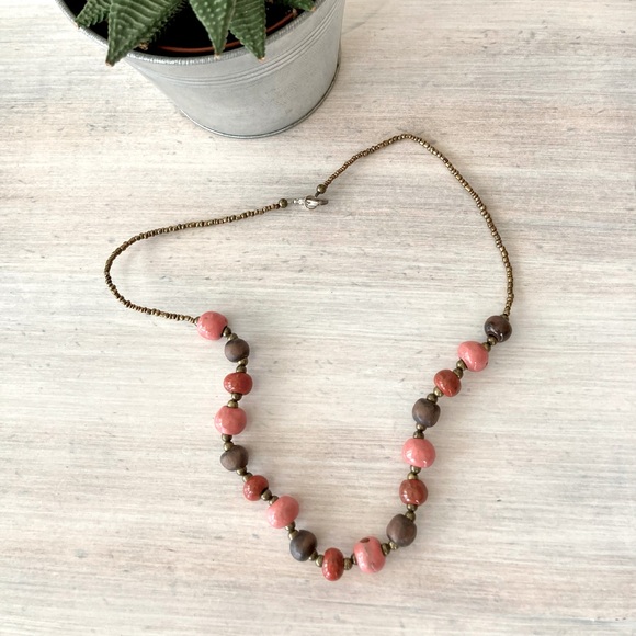 NWOT Handcrafted Necklace and Earrings with Glass Pink & Brown Beads. - Picture 3 of 4